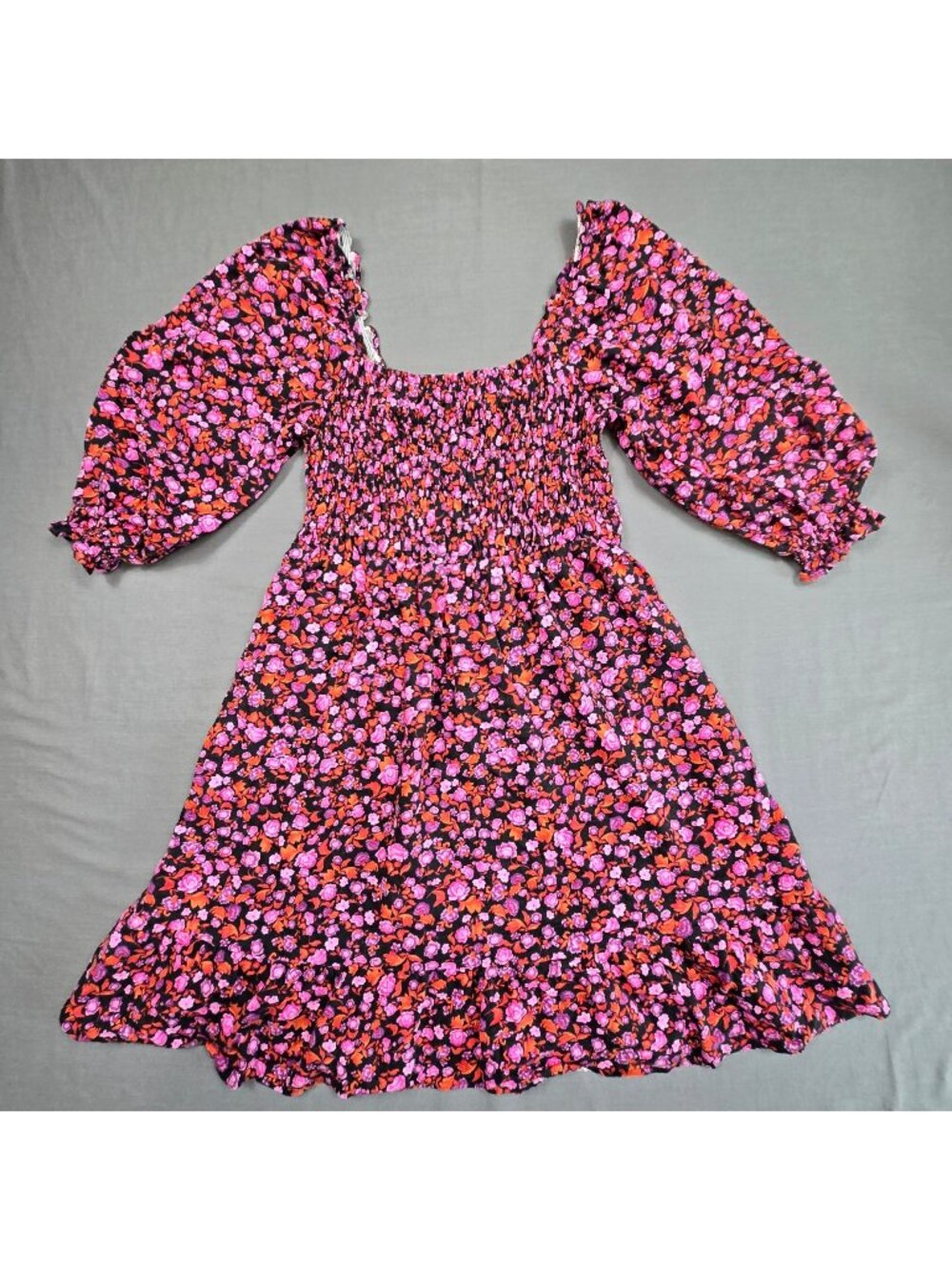 XS Womens Smocked Floral Dress Pink/Purple Long Sleeve Linen Blend Boho Milkmaid